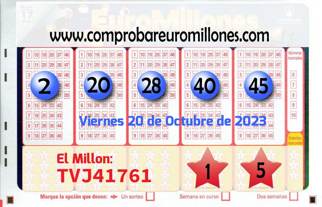 COMPROBAR EUROMILLONES Viernes 20 de Octubre de 2023 Sorteo de hoy